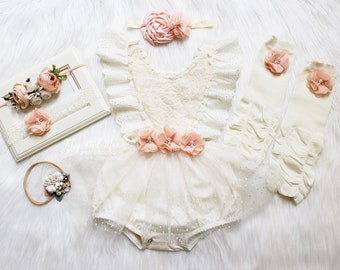 Boho chic off white baby girls romper, BOHO Chic girl off white peach outfit, 1st birthday boho romper, Baptism lace baby girl romper set