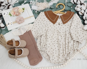 Velvet Baby Romper: Brown Cream Boho Outfit, Birthday Photoshoot