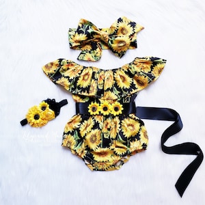 Sunflower baby girls romper, Sunflower girls 1st birthday outfit, Sunflower summer baby romper girl outfit, 1st birthday girl fall outfit