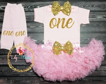 Pink and gold birthday outfit, first birthday girl Outfit, pink pettiskirt, pink and gold One outfit, One birthday smash cake outfit
