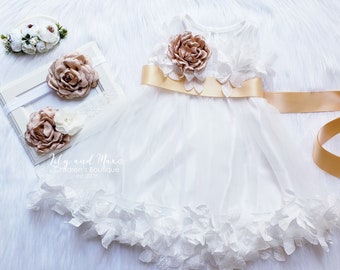 White Flower Girl Dress: Champagne Sash, Boho Wedding Outfit