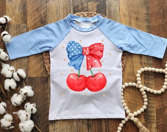 USA baby girl shirt, 4TH of JULY kid cherry shirt, USA baby girl outfit, 4th of July Patriotic toddler shirt, Usa raglan