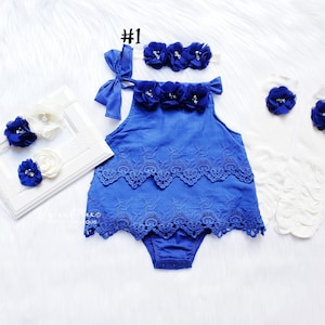 Boho chic blue baby girls romper, BOHO Chic girl blue cream outfit, 1st birthday boho romper, Baptism lace baby girl eyelet romper set image 1