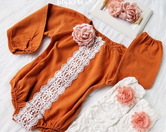 Boho chic fall pumpkin spice baby girls romper, Girl fall outfit, Rustic pumpkin baby romper girl outfit, 1st birthday girl fall outfit