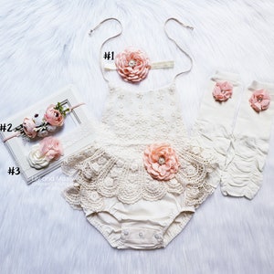 Rustic baby girl lace romper, 1st birthday lace chic Baby girls boho outfit, Boho girl outfit,Rustic baby girl PEACH lace bubble romper