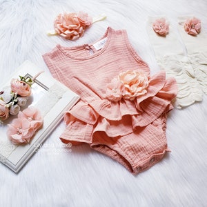 Rustic baby girl peach romper, 1st birthday White Peach Baby girls boho outfit, Boho girl outfit, Rustic baby girl pink white bubble romper