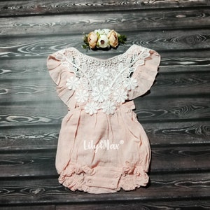 Boho chic peach baby girls romper, BOHO Chic girl peach outfit, Rustic peach floral girl outfit, Baptism lace baby girl bubble romper set