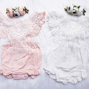 Boho chic white baby girls romper, BOHO Chic girl white outfit, Rustic white floral girl outfit, Baptism lace baby girl bubble romper set