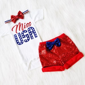 Traje de niñas del 4 de julio, traje de niñas Miss USA, traje 1er 4, traje de niña rojo, blanco y azul, traje de pastel smash del 4 de julio, camisa de Miss USA