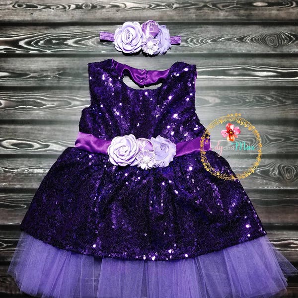 Purple sequin flower girls dress, purple sequin birthday dress, lavender headband, baby girl dress, sequin toddler dress, flower girl dress