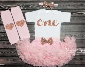 1st birthday girl outfit, Birthday Girl Outfit, pink pettiskirt, rose gold birthday girl outfit, 1st Birthday rose gold smash cake outfit