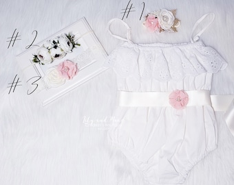 Boho chic off white PEACH baby girls romper, BOHO Chic girl off white outfit, 1st birthday boho romper, Baptism lace baby girl romper set