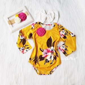 Boho chic fall mustard floral baby girls romper, Girl fall outfit, Floral mustard fuschia romper girl outfit, 1st birthday girl fall outfit