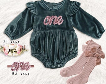 1st birthday baby girls romper, Rustic GREEN velvet birthday tutu romper, 1st birthday rose gold baby romper girl outfit, rustic baby romper