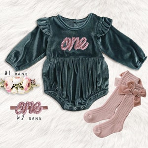 1 ° compleanno baby girls romper, Rustico VERDE velluto compleanno tutu romper, 1 ° compleanno oro rosa baby romper ragazza vestito, rustico baby romper