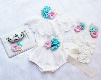 Baby girls boho outfit, Rustic baby girl pink aqua floral romper, Boho girl outfit, Rustic lace baby girl pink mint bubble romper set