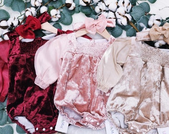 Velvet Baby Romper with Chiffon Sleeves & Bow Headband