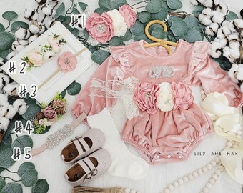 1at birthday girls Rustic pink VELVET baby girl romper, 1st birthday fall chic Baby girls boho outfit, Boho girl outfit
