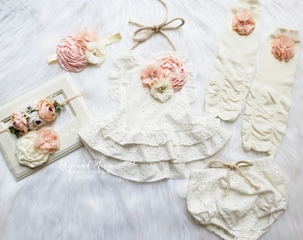 Romper rustique de dentelle de fille de bébé, 1st anniversaire dentelle chic baby girls boho outfit, boho outfit de fille de Boho, fille de bébé rustique PEACH bulle de dentelle romper