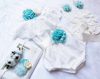 Baby girls boho outfit, Rustic baby girl ivory aqua floral romper, Boho girl outfit, Rustic lace baby girl aqua ivory bubble romper set