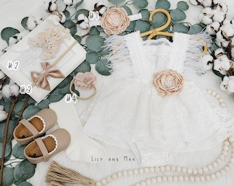 Lace Baby Romper: Rustic Boho Girl Outfit, Flower Brooch