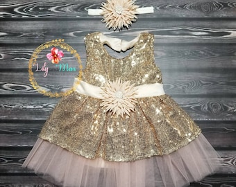 Gold sequin girls dress, gold sequin birthday dress, champagne headband, baby girl dress, sequin toddler dress, flower girl dress