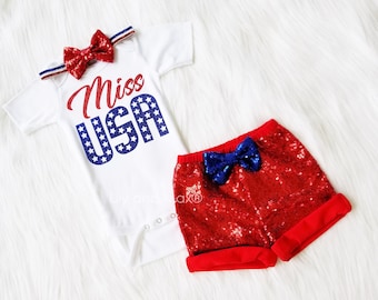 Traje de lentejuelas de Miss EE. UU.: Conjunto para niñas del 4 de julio