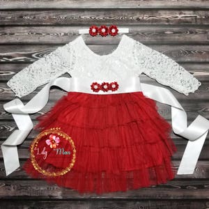 Valentine&#39;s day girls dress, dark red and white lace dress, headband, baby girl dress, red toddler dress, flower girl dress