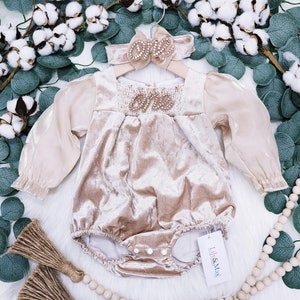 1st birthday velvet chic Baby girls boho outfit Rustic baby girl romper, Boho girl outfit,Rustic tan baby girl velvet bubble romper
