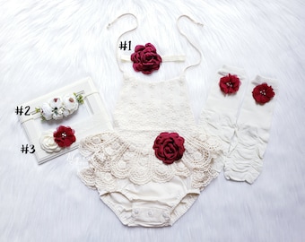Rustic baby girl lace romper, 1st birthday lace chic Baby girls boho outfit, Boho girl outfit,Rustic baby girl BURGUNDY lace bubble romper