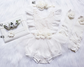 Boho chic aus weißen Baby Mädchen Strampler, BOHO Chic Mädchen aus weißen Outfit, 1. Geburtstag Boho Strampler, Taufe Spitze Baby Mädchen Blase Strampler Set