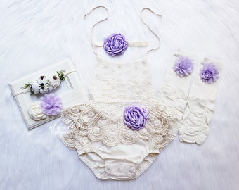 Rustic baby girl lace romper, 1st birthday lace chic Baby girls boho outfit, Boho girl outfit,Rustic baby girl LAVENDER lace bubble romper