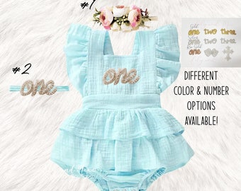 1st birthday baby girls romper, Rustic AQUA birthday romper, 1st birthday aqua baby romper girl outfit,  blue rustic baby romper