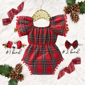 Christmas baby girl romper, 1st birthday Christmas outfit, Red tartan plaid romper 1st Christmas baby girl outfit,Christmas girls romper