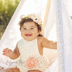 Rustic Peach Rose Lace Romper: Boho Baby Girl Outfit