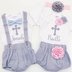 Twins boho outfit, Rustic baby girl boy gray baptism outfit,Boho girl and boy bubble short Christening outfit,Rustic baby twin gift outfit image 1