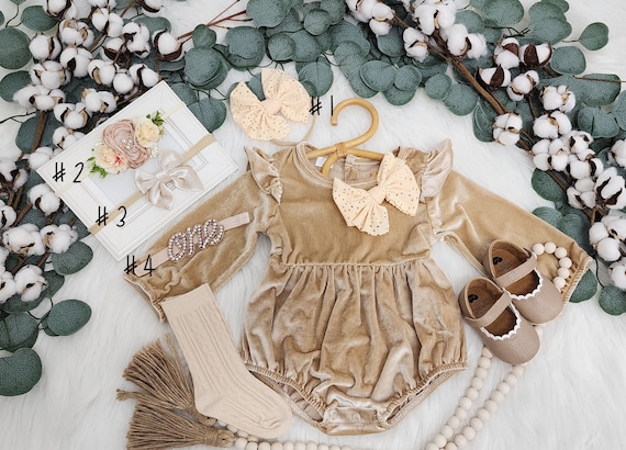 Rustic Tan VELVET Baby Girl Romper, 1st Birthday Fall Chic Baby