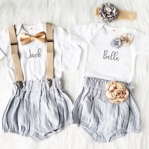 Twins boho outfit, Rustic baby girl boy gray champagne outfit,Boho girl and boy bubble short outfit,Rustic baby twin gift outfit, photo prop