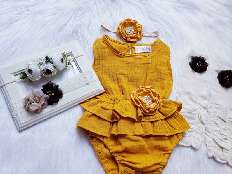 Rustic Fall Mustard Baby Girl Romper 1st Birthday Mustard Etsy