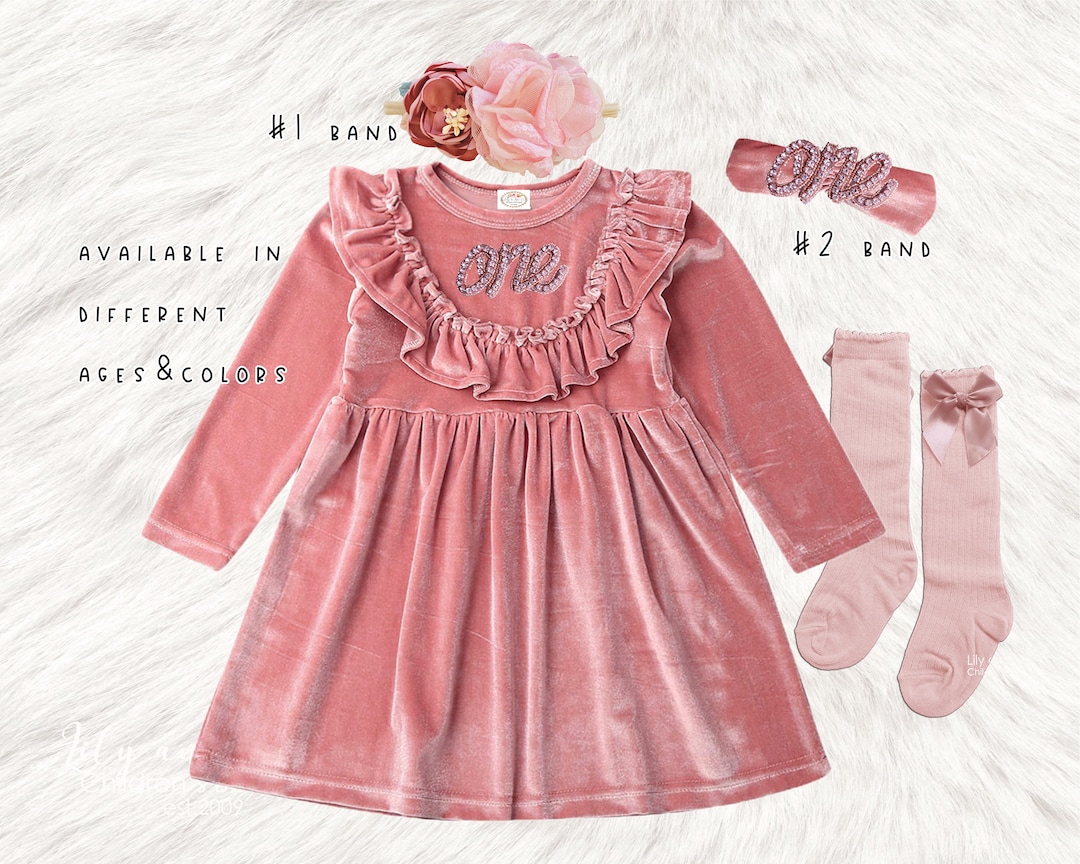 1st Birthday Baby Girls Velvet Dress, Rustic Mauve Rose Gold Birthday