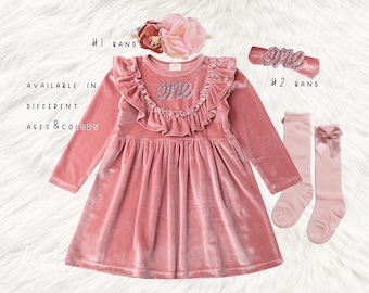 Vestido de terciopelo para niñas de 1er cumpleaños, vestido de cumpleaños rústico de oro rosa malva, vestido de niña de oro rosa polvoriento de 1er cumpleaños, vestido de bebé