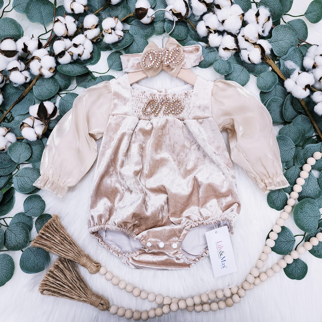 Baby First Tan 1st Birthday Velvet Baby Romper: Tan Chiffon Sleeve Boho Outfit - Etsy
