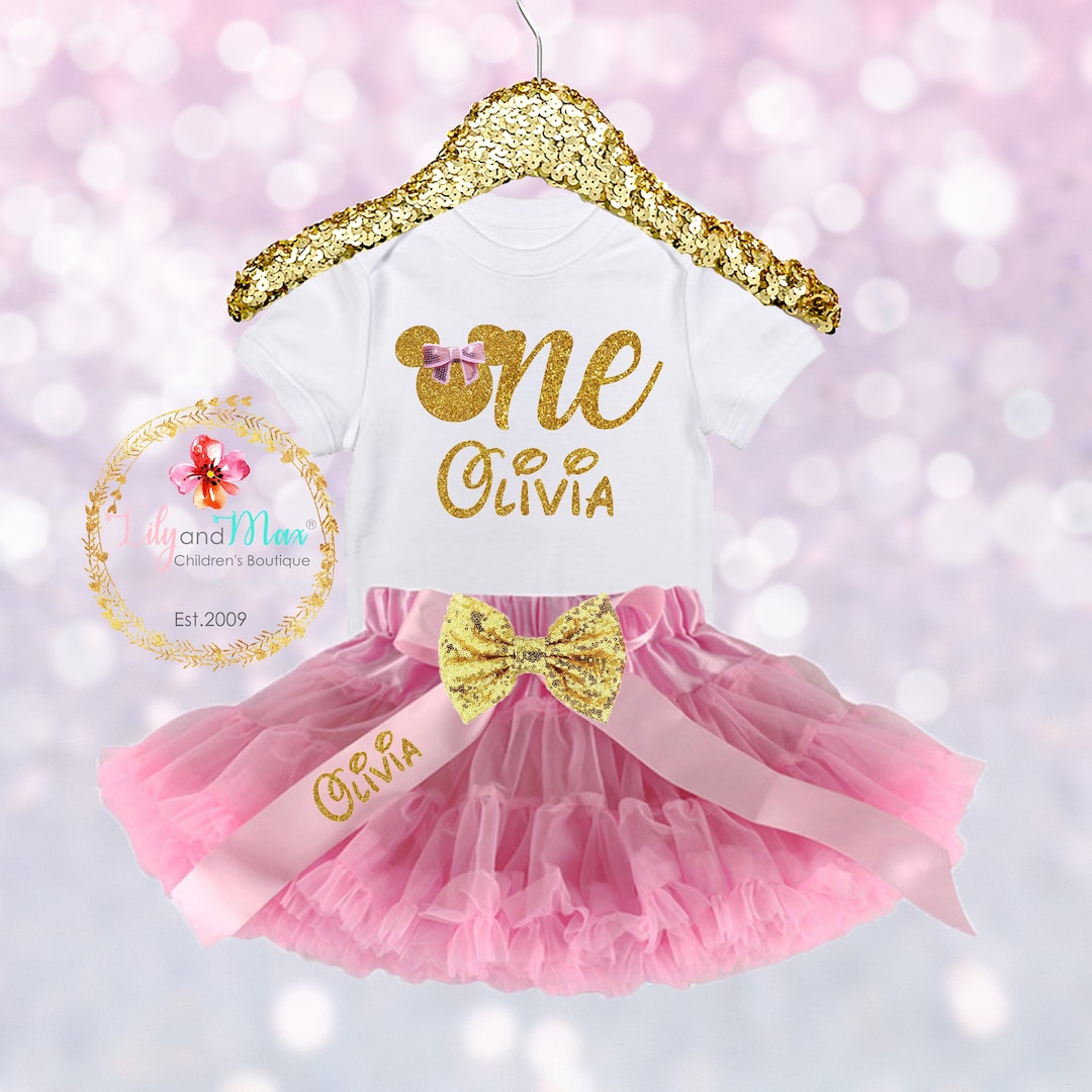 Minnie Mouse 1st Birthday Outfit: Pink Tutu, Gold Glitter Bow - Etsy