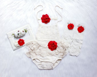 Rustique Noël bébé fille dentelle romper, 1er anniversaire dentelle chic Baby girls tenue de Noël, Boho tenue fille, bébé fille dentelle bulle romper