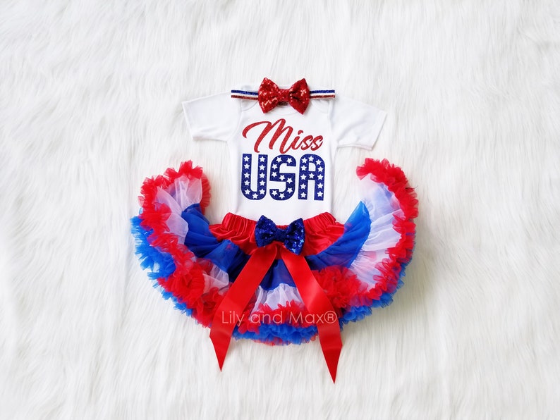 4th of July Girls Outfit, Miss USA girls outfit, 1st 4th outfit, red white and blue pettiskirt, 4th of july smash cake outfit,Miss USA shirt 