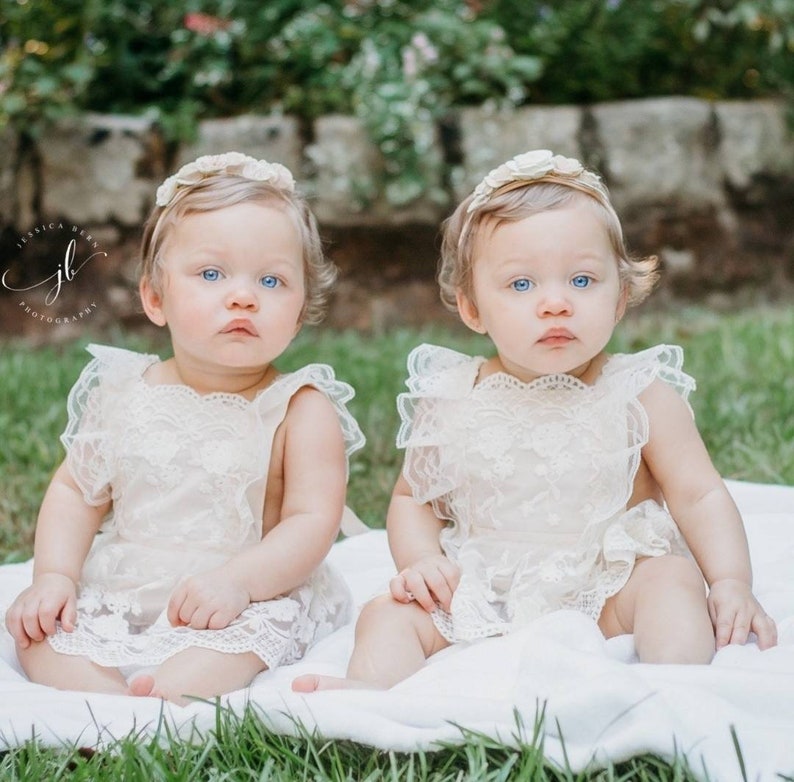 Rustic baby girl CREAM romper, 1st birthday cream Baby girls boho outfit, Boho girl outfit, Rustic lace baby girl lace chic bubble romper image 4