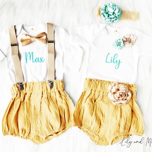 Twins boho outfit, Rustic fall baby girl boy gray champagne outfit,Boho girl and boy bubble short outfit,Rustic twin gift outfit, photo prop