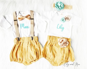 Twins boho outfit, Rustic fall baby girl boy gray champagne outfit,Boho girl and boy bubble short outfit,Rustic twin gift outfit, photo prop