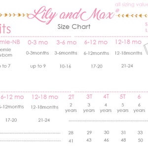 Puede incluir: Tabla de tallas para bodies y camisas para beb&eacute;s de Lily and Max Children's Boutique. La tabla muestra las tallas desde prematuro hasta 8, con las edades, los pesos y las medidas correspondientes en pulgadas.