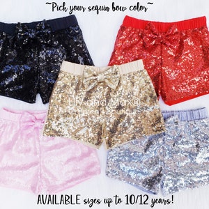 Sequin shorts- PICK your BOW color, sequin baby shorts, sequin birthday girl shorts, 1st birthday shorts sequin toddler shorts,girl shorts